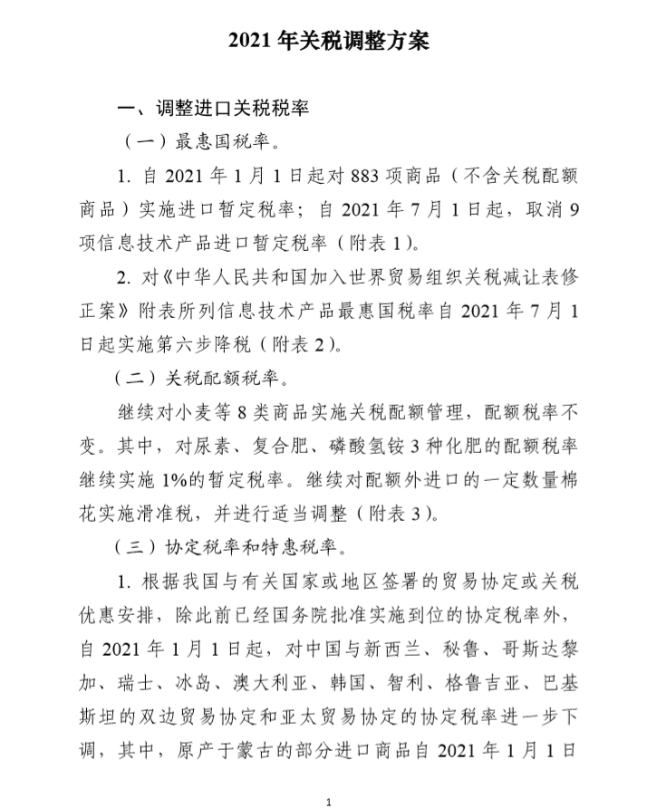 2021年关税调整方案